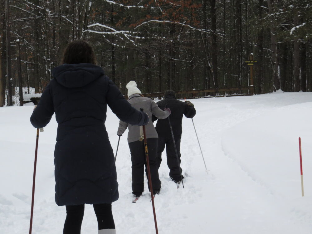 Photo of three individuals cross country skiing